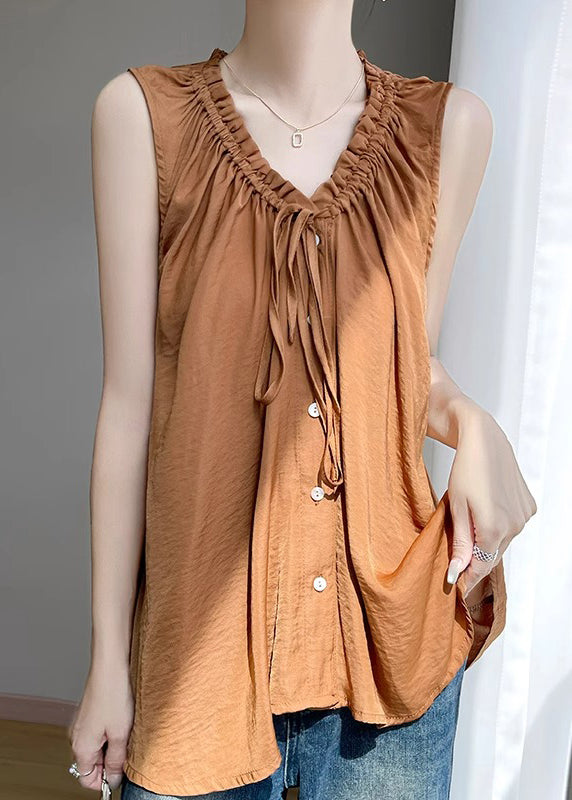 Loose Caramel Ruffled Lace Up Cotton Shirt Sleeveless