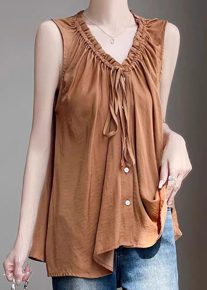 Loose Caramel Ruffled Lace Up Cotton Shirt Sleeveless