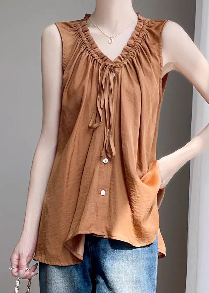 Loose Caramel Ruffled Lace Up Cotton Shirt Sleeveless