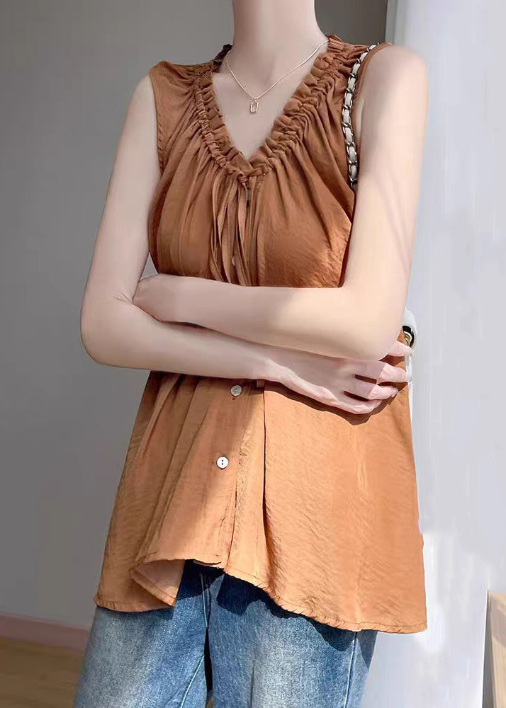 Loose Caramel Ruffled Lace Up Cotton Shirt Sleeveless