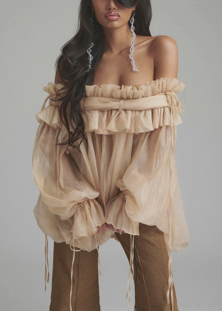 Loose Champagne Color Ruffled Button Lace Up Tulle Shirt Flare Sleeve