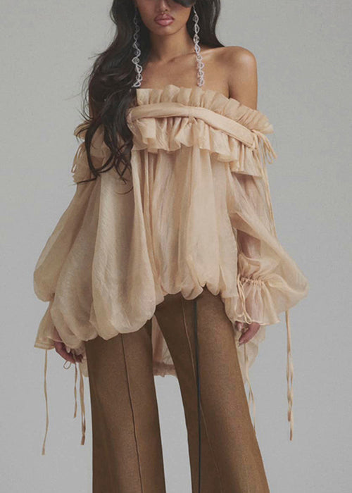 Loose Champagne Color Ruffled Button Lace Up Tulle Shirt Flare Sleeve