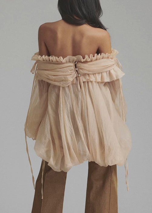 Loose Champagne Color Ruffled Button Lace Up Tulle Shirt Flare Sleeve