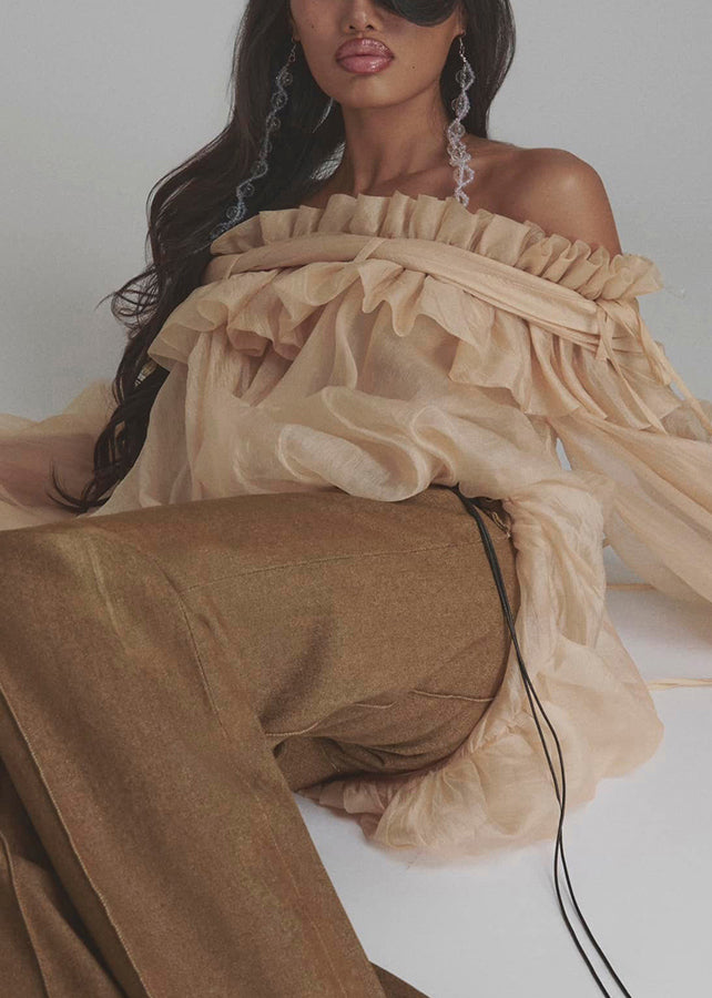 Loose Champagne Color Ruffled Button Lace Up Tulle Shirt Flare Sleeve