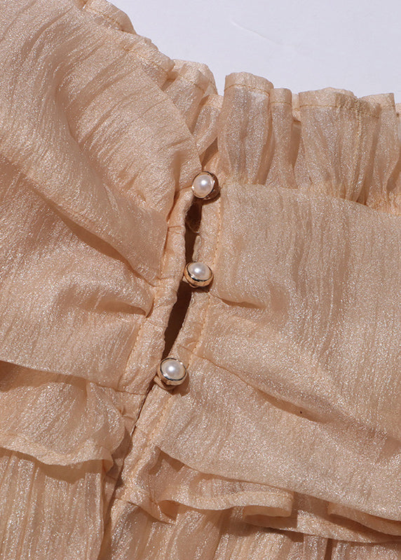 Loose Champagne Color Ruffled Button Lace Up Tulle Shirt Flare Sleeve