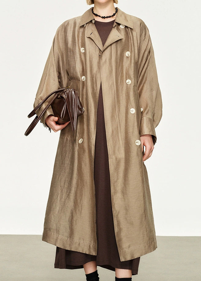 Loose Champagne Gold Peter Pan Collar Double Breast Linen Silk Long Trench Coat Fall