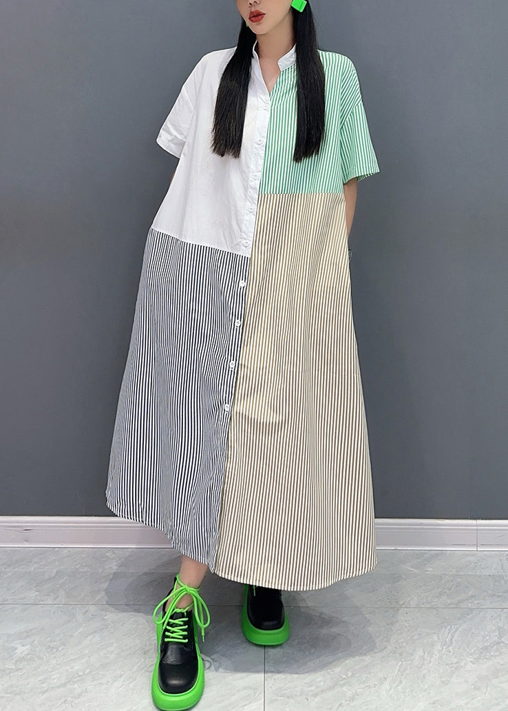 Loose Colorblock Striped Stand Collar Button Maxi Dress Summer