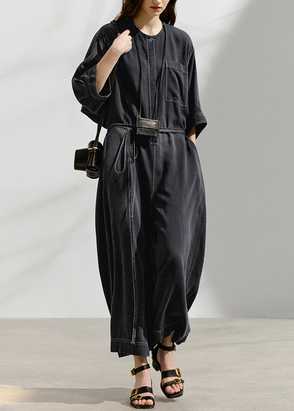 Loose Dark Grey O Neck Pockets Patchwork Cotton Jumpsuit Summer