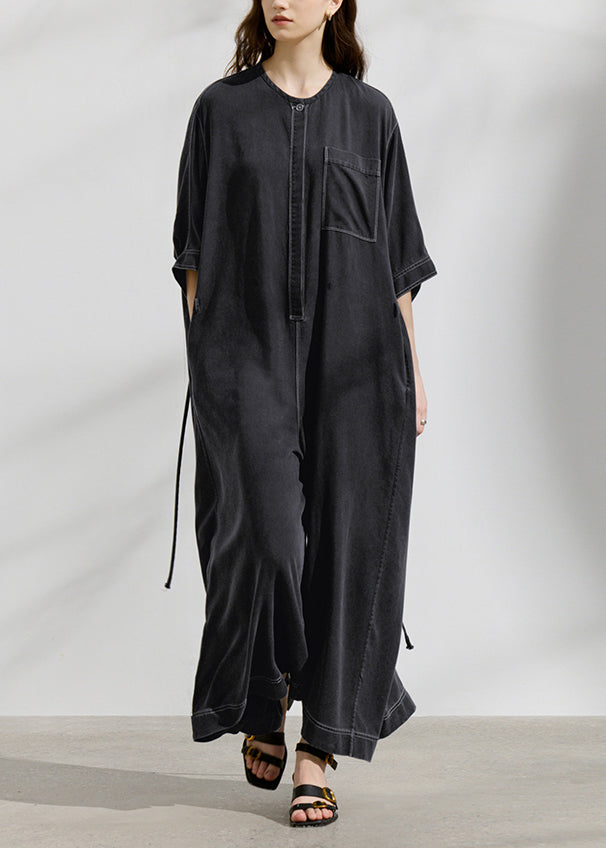 Loose Dark Grey O Neck Pockets Patchwork Cotton Jumpsuit Summer