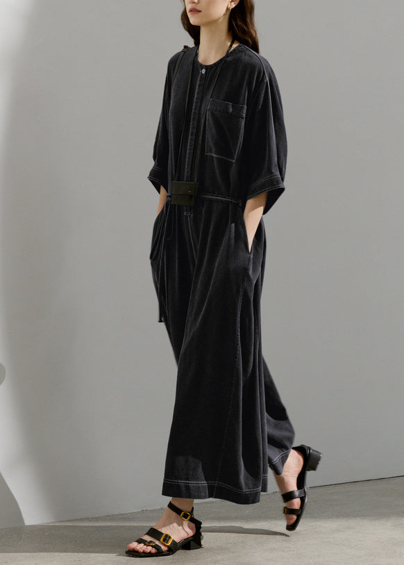 Loose Dark Grey O Neck Pockets Patchwork Cotton Jumpsuit Summer