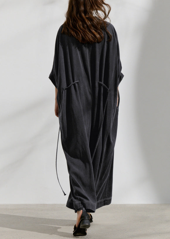 Loose Dark Grey O Neck Pockets Patchwork Cotton Jumpsuit Summer