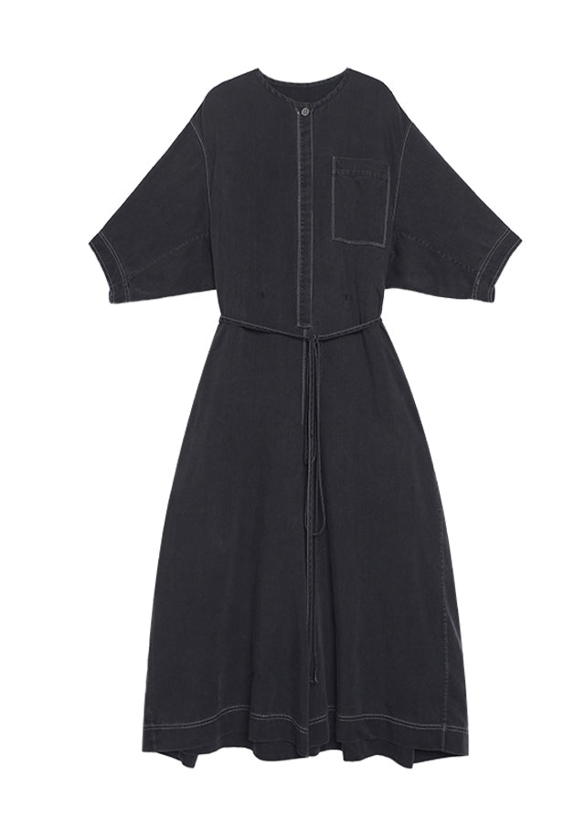 Loose Dark Grey O Neck Pockets Patchwork Cotton Jumpsuit Summer