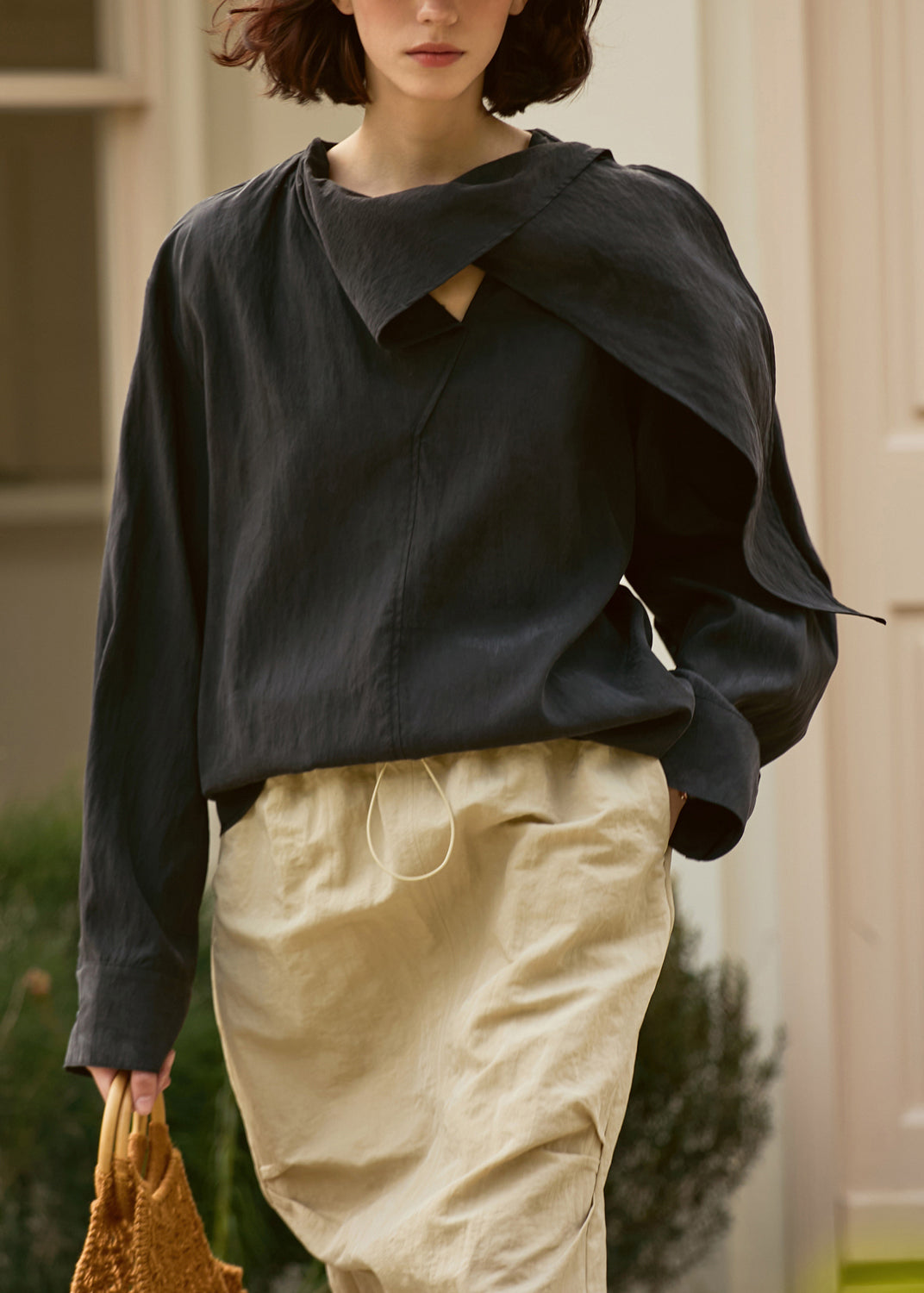 Loose Dark Grey Patchwork Cotton Shirt Fall