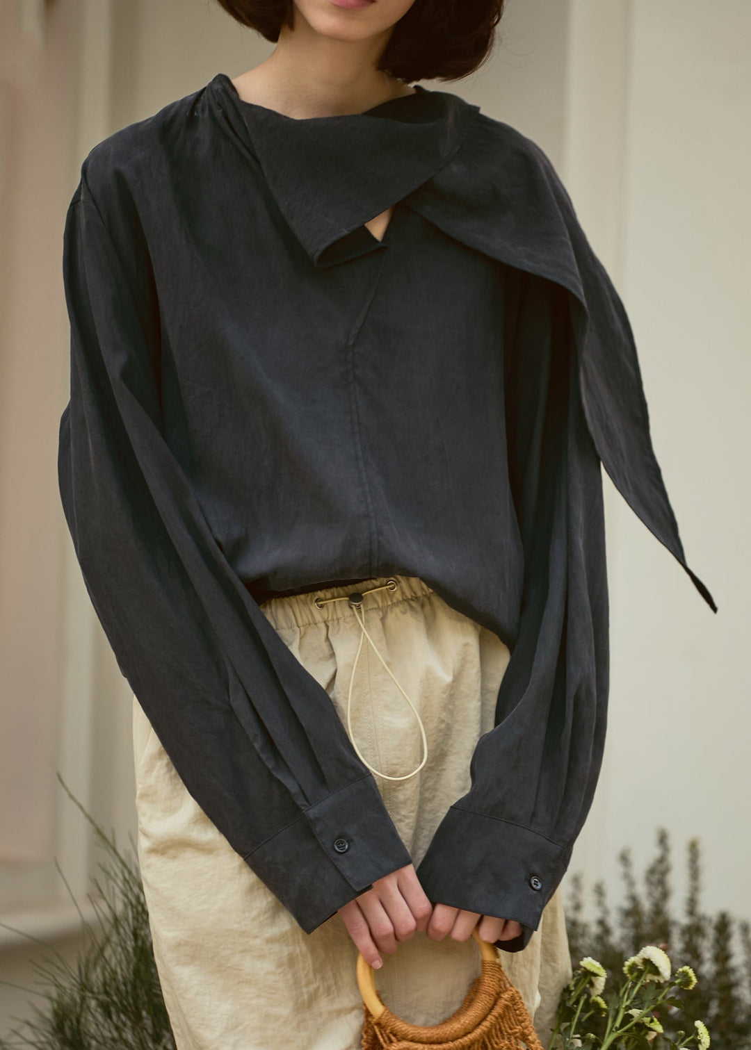 Loose Dark Grey Patchwork Cotton Shirt Fall