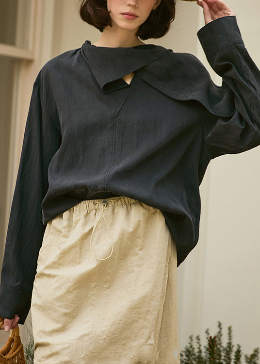 Loose Dark Grey Patchwork Cotton Shirt Fall