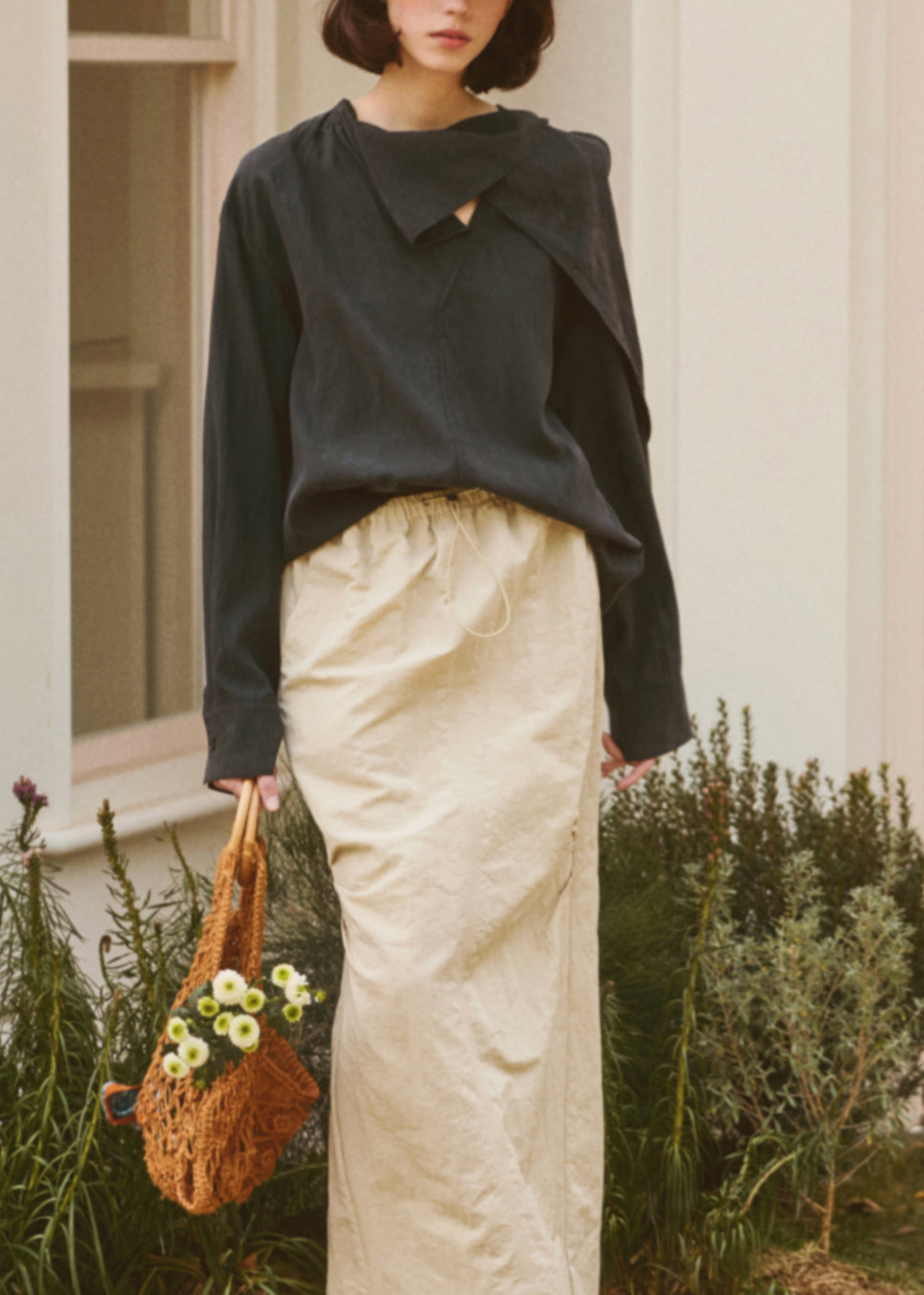 Loose Dark Grey Patchwork Cotton Shirt Fall