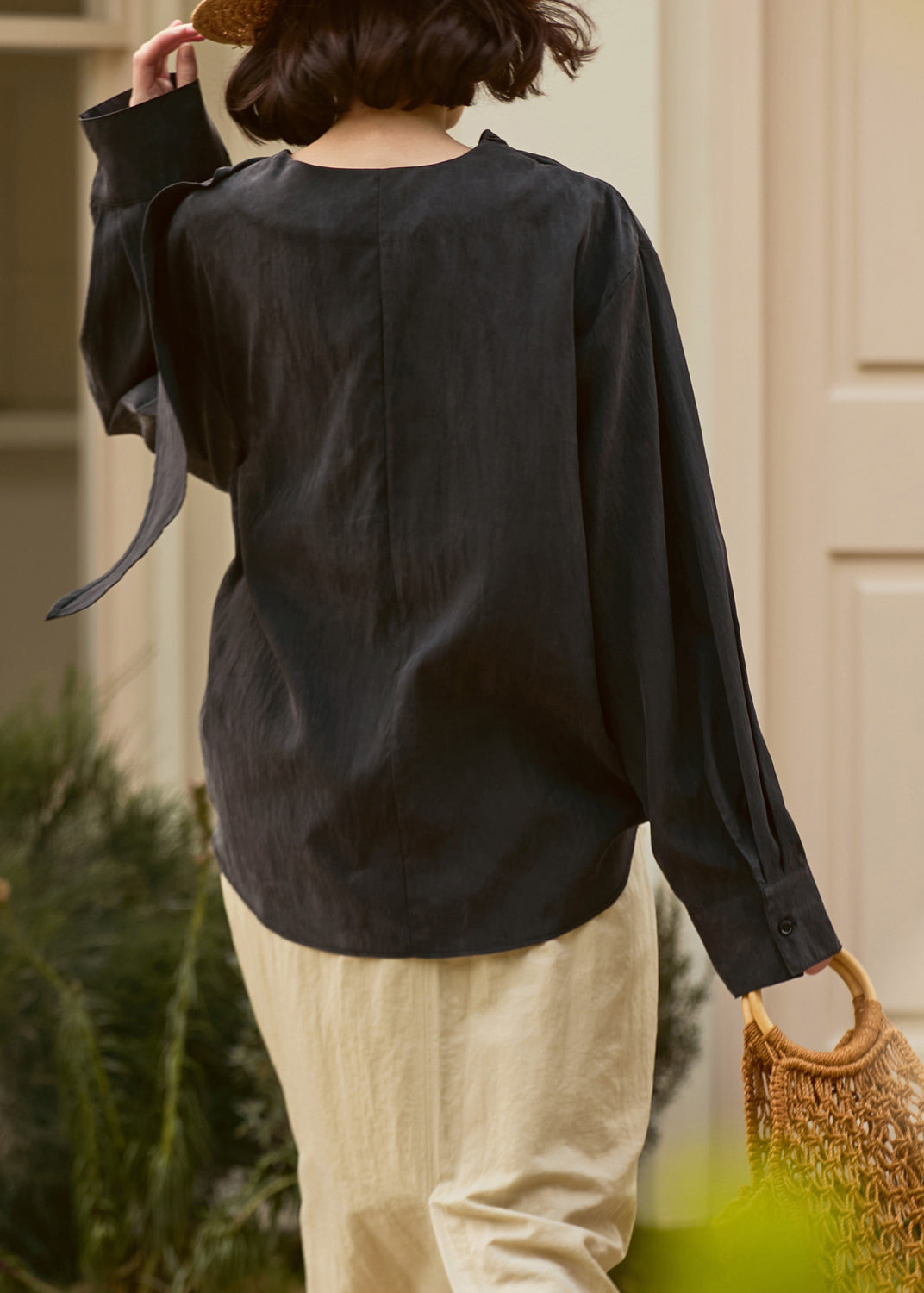 Loose Dark Grey Patchwork Cotton Shirt Fall