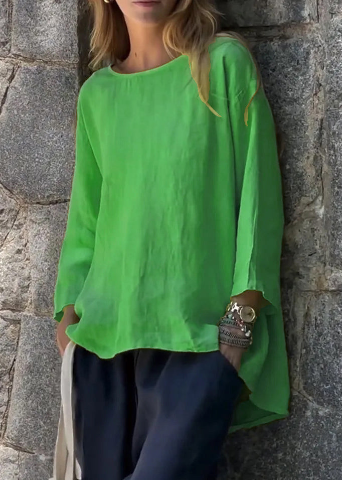 Loose Green O Neck Low High Design Linen T Shirts Fall