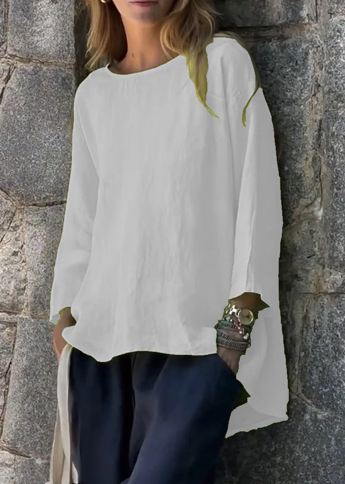 Loose Green O Neck Low High Design Linen T Shirts Fall