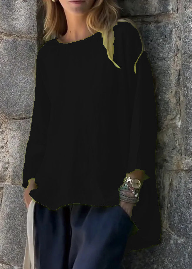 Loose Green O Neck Low High Design Linen T Shirts Fall