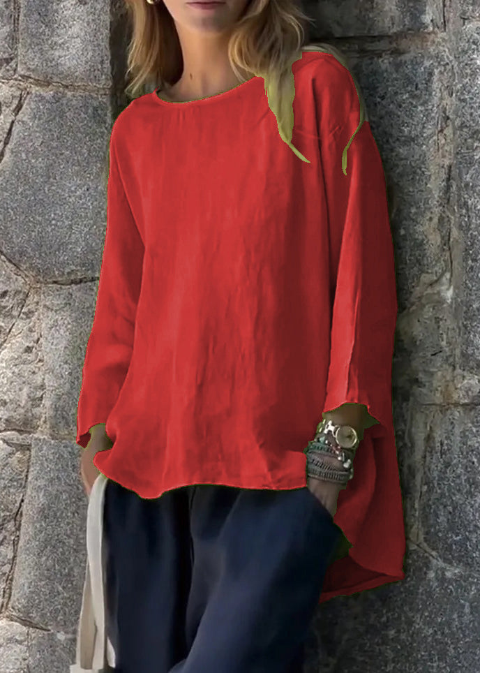 Loose Green O Neck Low High Design Linen T Shirts Fall