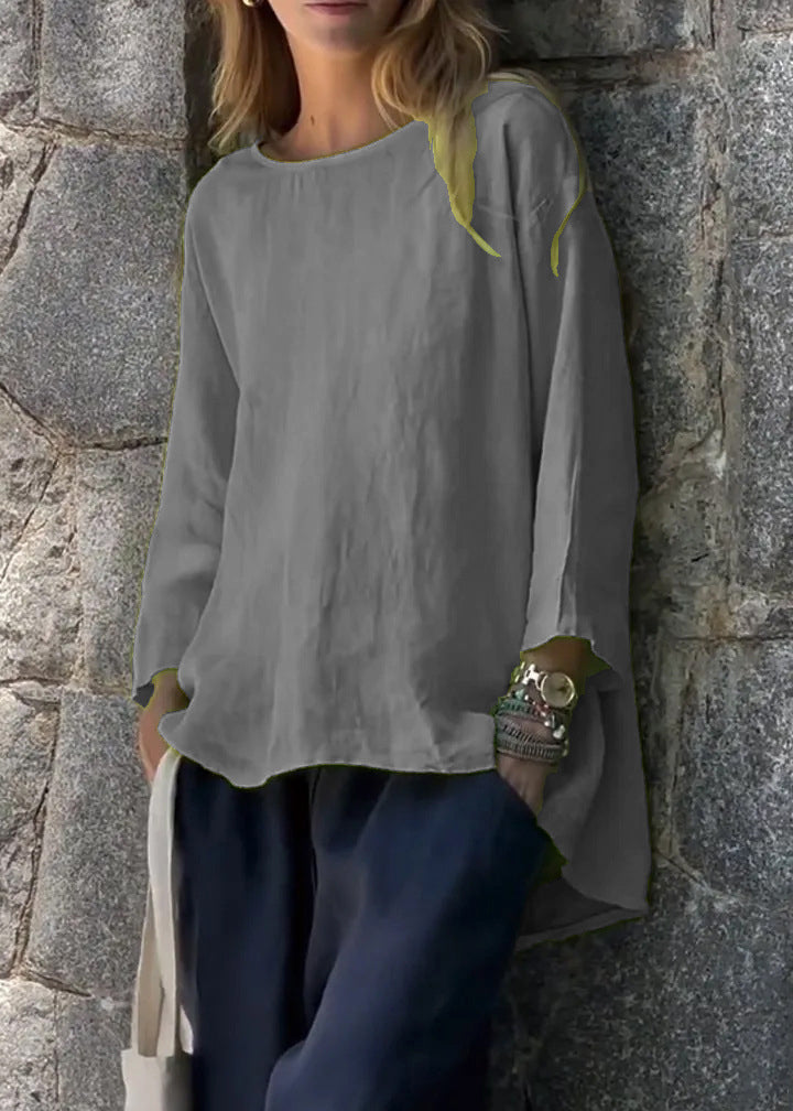 Loose Green O Neck Low High Design Linen T Shirts Fall