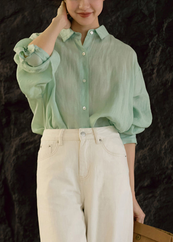 Loose Green Peter Pan Collar Button Cotton Shirt Fall
