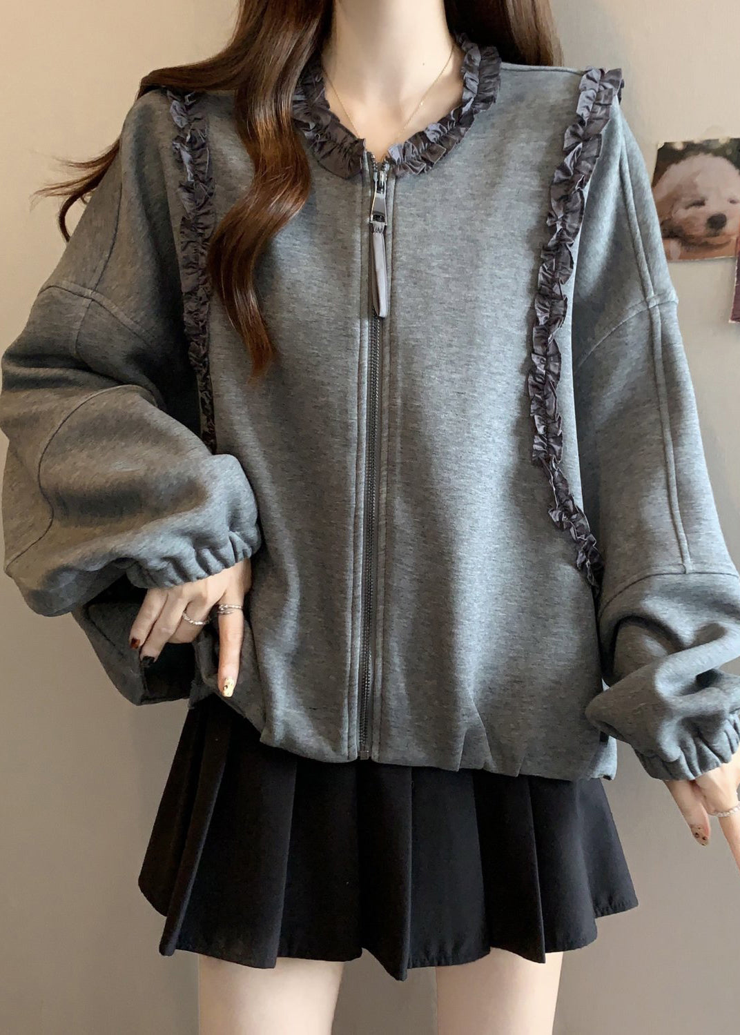 Loose Grey Ruffled Zippered Cotton Coats Fall