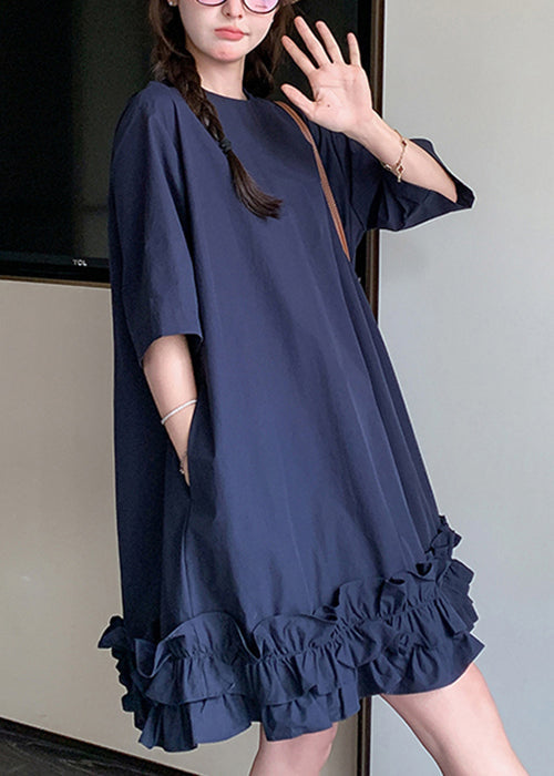 Loose Navy Ruffled Pockets Lace Up Cotton Dresses Half Sleeve