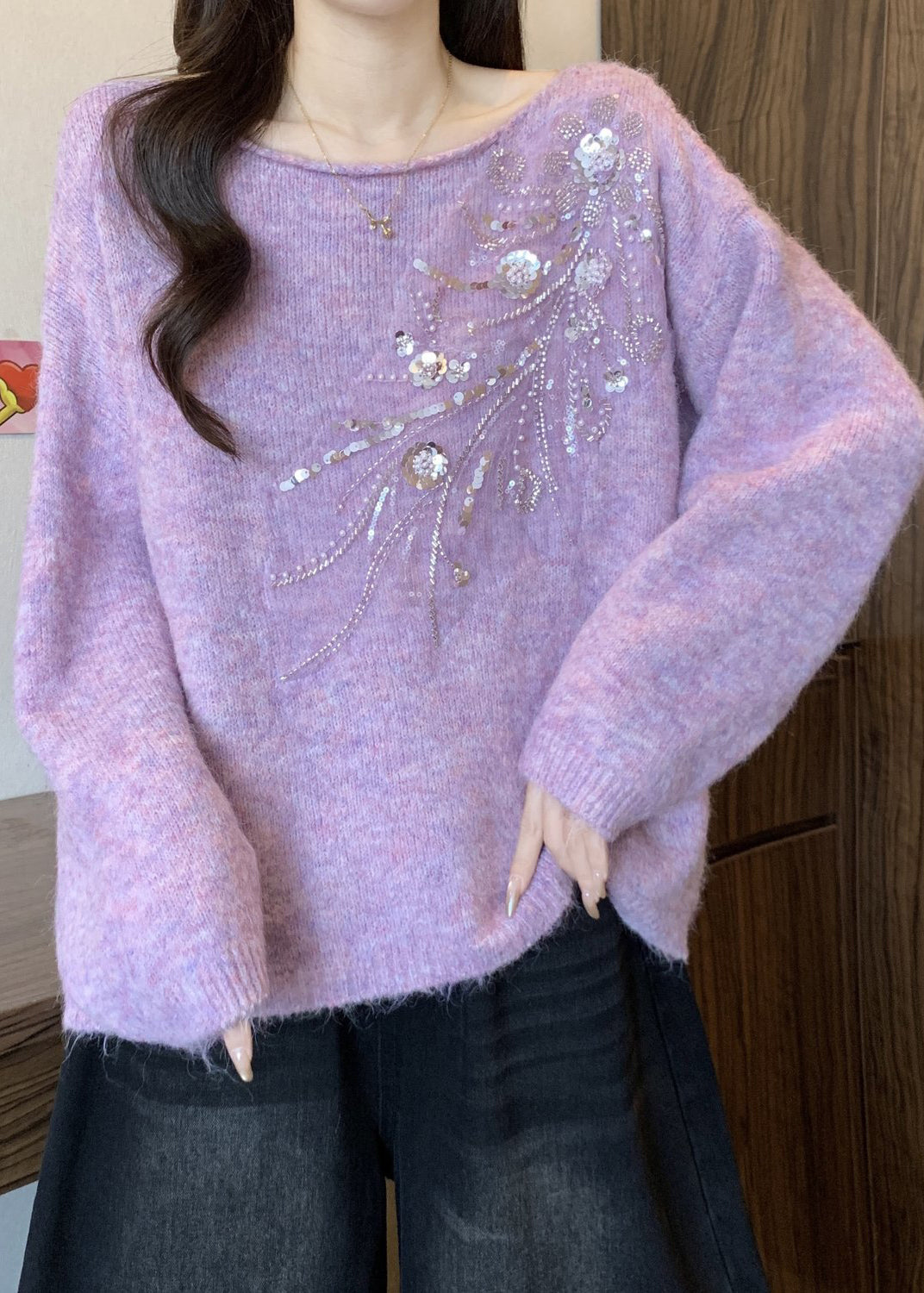 Loose Purple O Neck Sequins Cozy Knit Sweaters Winter