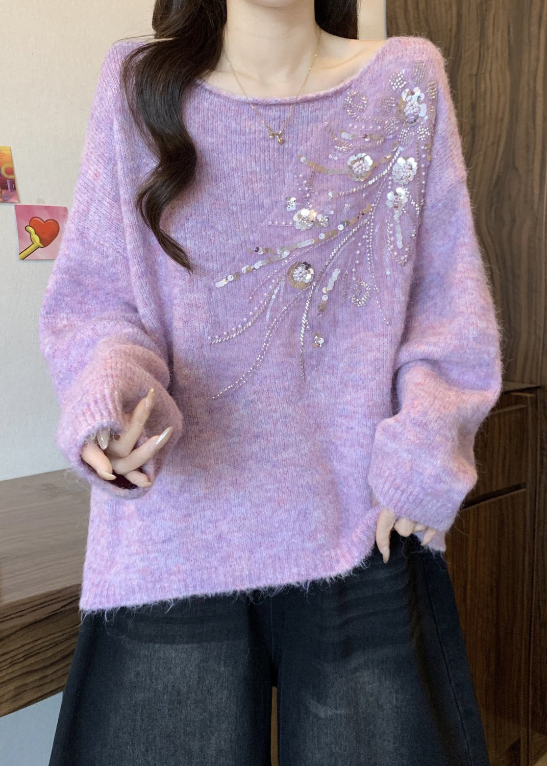 Loose Purple O Neck Sequins Cozy Knit Sweaters Winter