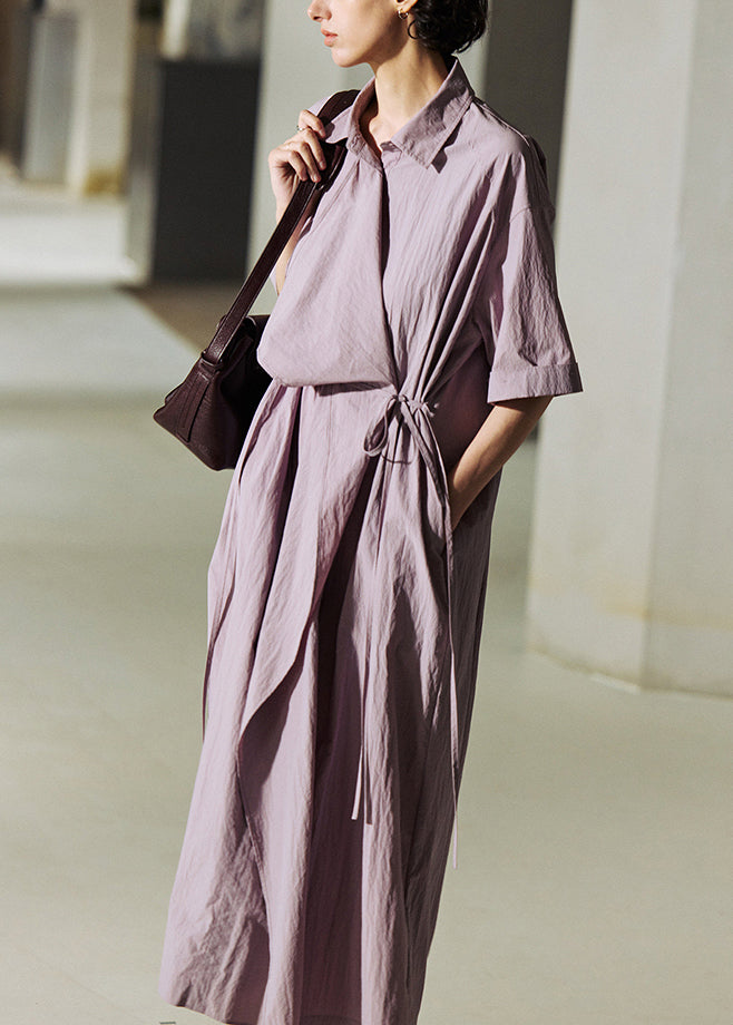 Loose Purple Peter Pan Collar Lace Up Cotton Long Dresses Summer