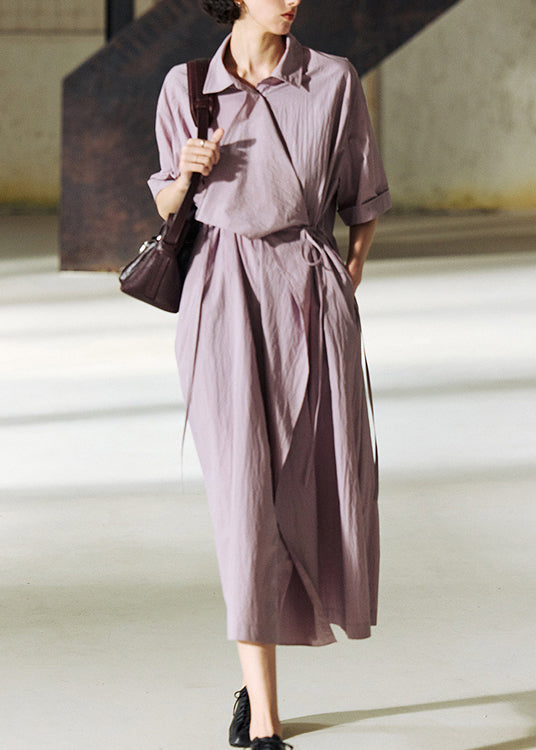 Loose Purple Peter Pan Collar Lace Up Cotton Long Dresses Summer