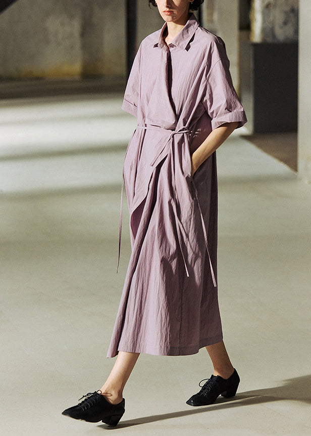 Loose Purple Peter Pan Collar Lace Up Cotton Long Dresses Summer