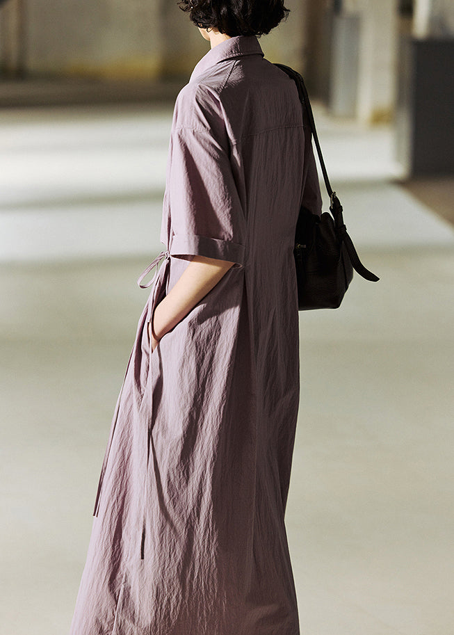 Loose Purple Peter Pan Collar Lace Up Cotton Long Dresses Summer