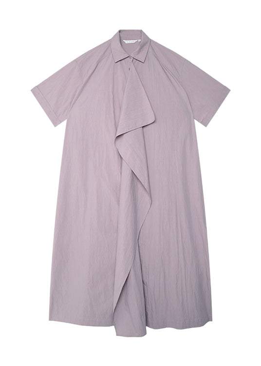 Loose Purple Peter Pan Collar Lace Up Cotton Long Dresses Summer