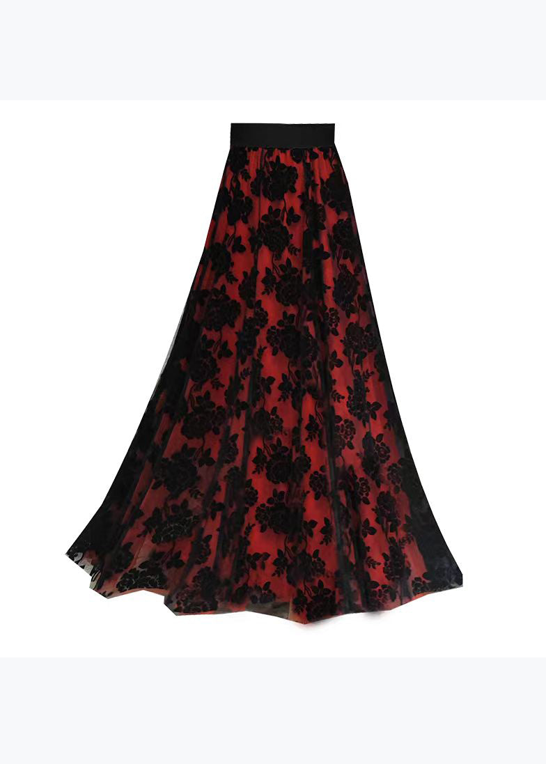 Loose Red Flocking Floral Exra Large Hem Tulle Skirts Spring