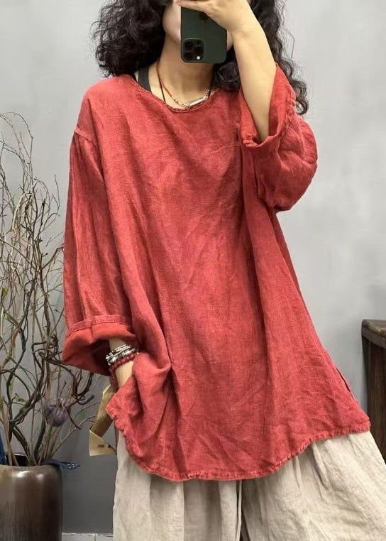 Loose Red O Neck Side Open Linen T Shirts Fall