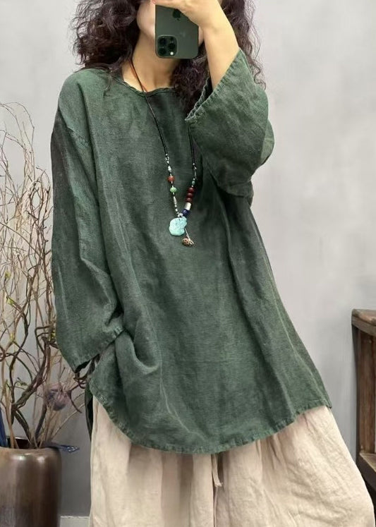 Loose Red O Neck Side Open Linen T Shirts Fall