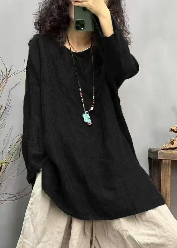 Loose Red O Neck Side Open Linen T Shirts Fall