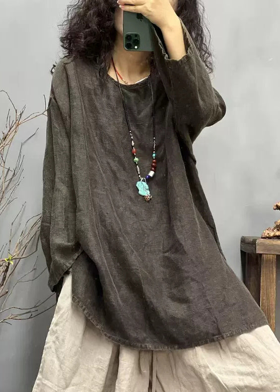 Loose Red O Neck Side Open Linen T Shirts Fall