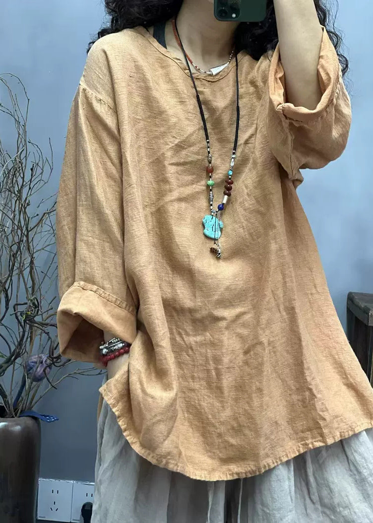 Loose Red O Neck Side Open Linen T Shirts Fall