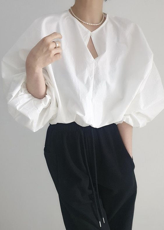 Loose White Button Hollow Out Solid Cotton Shirts Fall