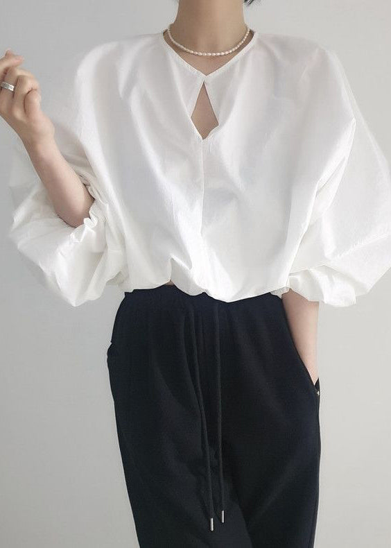 Loose White Button Hollow Out Solid Cotton Shirts Fall