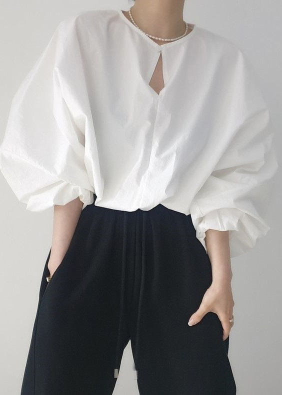 Loose White Button Hollow Out Solid Cotton Shirts Fall