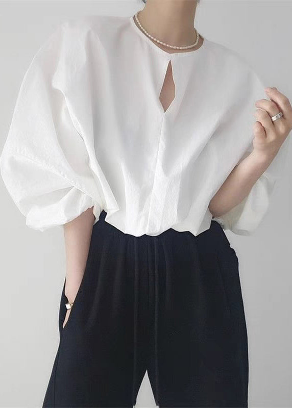 Loose White Button Hollow Out Solid Cotton Shirts Fall