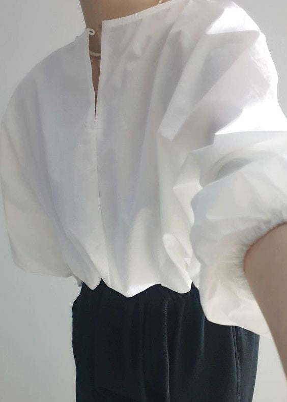 Loose White Button Hollow Out Solid Cotton Shirts Fall