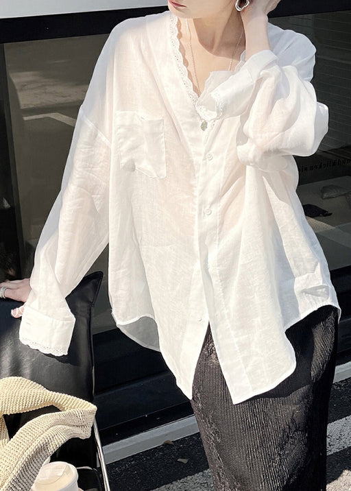 Loose White Button Low High Design Thin Silk Cotton Shirt Summer