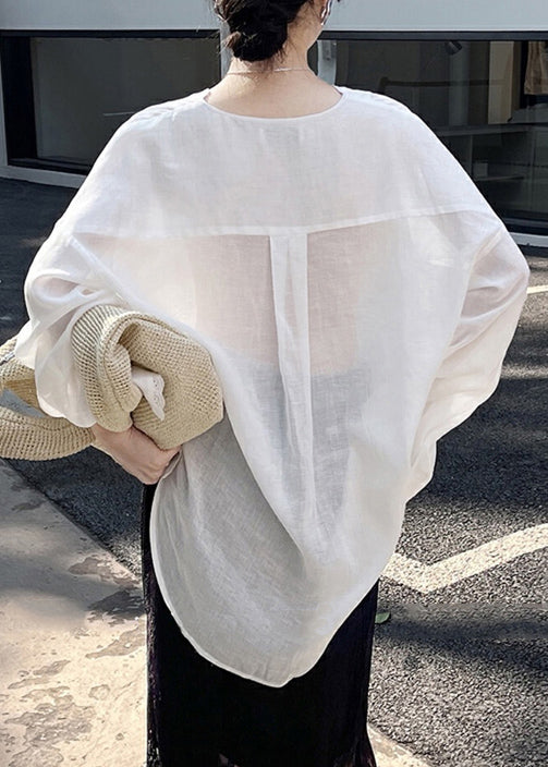 Loose White Button Low High Design Thin Silk Cotton Shirt Summer