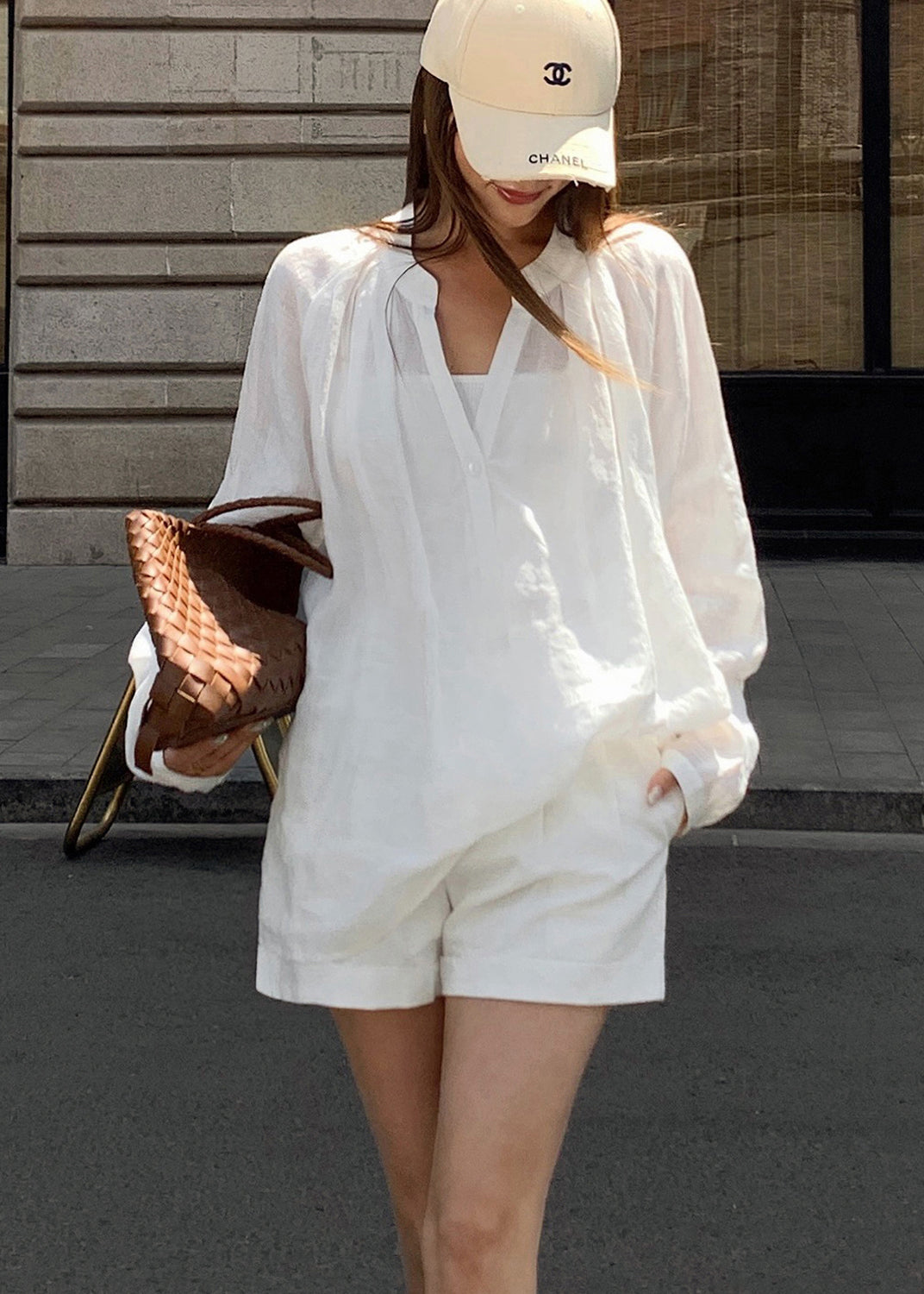 Loose White Long Sleeve Top And Shorts Linen Two Pieces Set